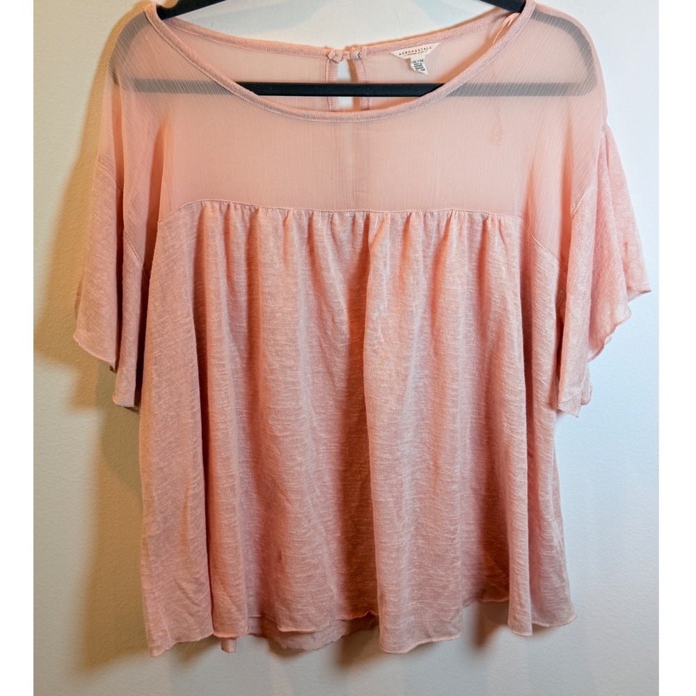 Aeropostale Womens XL Peach Pink Sheer Mixed Media Babydoll Top Short Sleeve